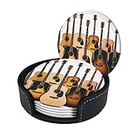 Coasters Sets of 6 with Holder PU Leather Bar Drink Coasters for Coffee Table Home Decor, New Apartment Essentials for Men Women Housewarming Gifts - Guitar