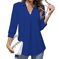 Heat Move Women's 3/4 Sleeve Work Blouse Collared V Neck Shirts Loose Fit Top for Public Occasion