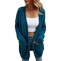 Women's Long Knit Cardigan Front Open Solid Color Knitted Tops With Pockets Long Sleeve Twisted Crochet Mohair Sweater