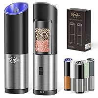 Sangcon Electric Salt & Pepper Grinder Set, Battery Powered with LED Light, Adjustable Coarseness, Safety Switch, Stainless Steel, 2 Pack