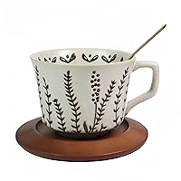 Vintage Ceramic Coffee Mug Thick Pottery Coffee Tea cup with Wooden Saucer and Spoon - 12 oz Tea cup and Saucer with Spoon