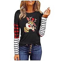 FYUAHI Women's Fashion Leisure Christmas Print Round Neck Long Sleeve Plaid Top Blouse