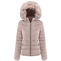 BodiLove Women's Belted Down Puffer Jacket with Faux Fur Trim HoodÉ