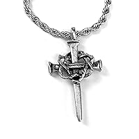 Nail Cross Crown of Thorns Pewter Antique Silver Metal Finish Pendant Twisted Rope Chain Necklace