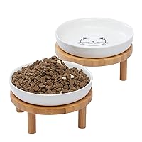 Shallow Elevated Cat Bowls,5.9 Inch Wide Raised Ceramic Cat Dishes with Bamboo Stand, Whisker Friendly Pet Water or Food Plates Feeding Station for Indoor Cats, Kitten(White,Set of 2)