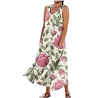 Maxi Dress for Women,2024 Summer Trendy Sleeveless Floral Print Dress,Boho Casual Loose Flowy Ruched Sundress with Pockets