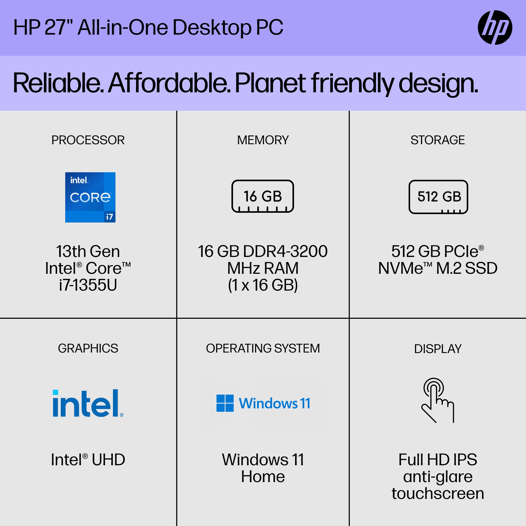 HP 27 inch All-in-One Desktop PC, FHD Display, 13th Gen Intel Core i7-1355U, 16 GB RAM, 512 GB SSD, Intel UHD Graphics, Windows 11 Home, 27-cr0080 (2023)
