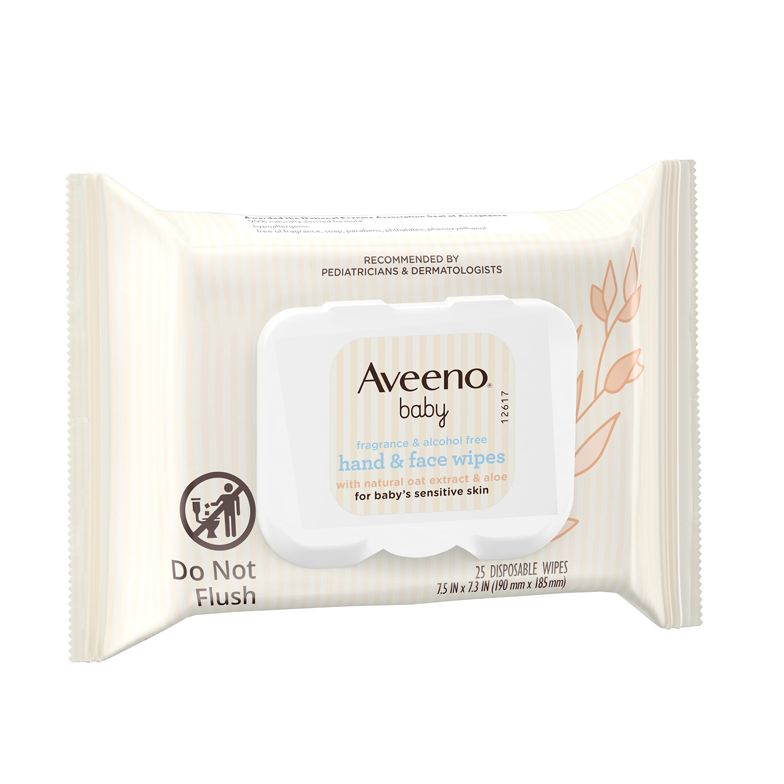 Aveeno Baby Fragrance Free Hand & Face Wipes with Oat Extract & Aloe, Cleansing & Moisturizing Baby Wipes for Sensitive Skin, Sulfate-, Alcohol-, & Paraben-Free, Hypoallergenic, 25 ct