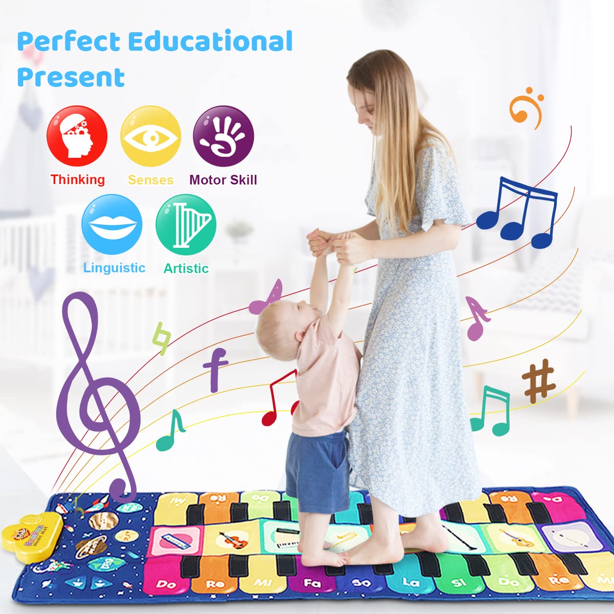 Renfox Kids Musical Piano Mat - Duet Keyboard Play Mat 20 Keys Floor Piano with 8 Instrument Sound, 5 Paly Modes Dance Pad, Early Educational Toys & Gift for 3+ Years Old Boys Girls