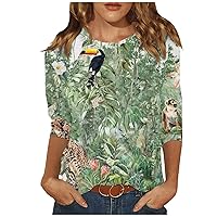 Women's Tops Cute Summer 3/4 Sleeve Blouses Floral Boho Dressy Shirts Casual Loose Fit Crew Neck Tops