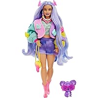 Barbie Extra Doll & Accessories with Wavy Lavender Hair in Colorful Butterfly Sweater & Pink Boots with Pet Koala