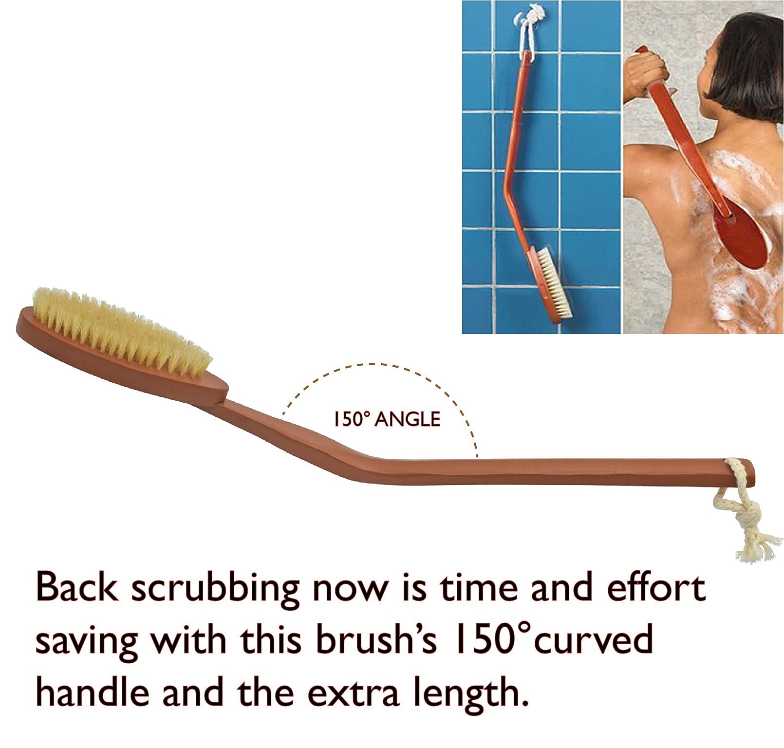 UTRAX 20'' Long Detachable Wooden Bath Brush with Curved Reach Handle Hanging Wood Shower Brush with Boar-Bristle