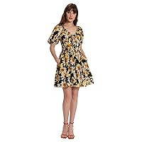 Donna Morgan Women's Sunflower Printed V-Neck Mini Tiered Dress with Tie Detail