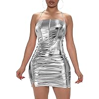 TOPMELON Metallic Short Corset Dress for Women Leather Bodycon Holographic Dress Sexy Halter Ruched Sparkly Mini Club Dress