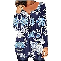 Womens Floral Print Tunic Tops Fall Fashion Long Sleeve T Shirts Casual Dressy Henley Tee Trendy Blouses for Leggings