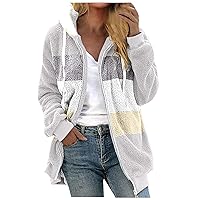 Plus Size Winter Fuzzy Fleece Color Block Jacket for Women Zip Up Drawstring Long Sleeve Hooded Coats Outerwear