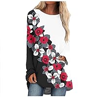 FYUAHI 2023 Fall Outfits Women's T-Shirt Flower Fashion Casual Print Long-Sleeved Round Neck Mid-Length Top