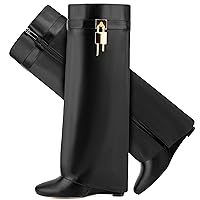 Fold Over Boots for Women Pointy Pull-on Wedge Heel Knee Shark Boot With Side Zipper Padlock Design