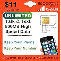 SpeedTalk Mobile SIM Card Kit for Smart Phones & Cellphones | Preloaded $11 Monthly Plan - Unlimited Talk & Text + 500 MB 5G 4G LTE Data | 3-in-1 Standard Micro Nano | 30-Day US Wireless Coverage
