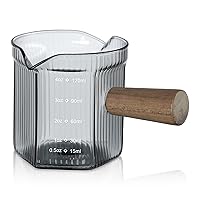 Joeyan 4 oz Grey Double Spouts Measuring Triple Pitcher Milk Cup with Wood Handle,Ribbed High Borosilicate Glass Measuring Cup, Espresso Shot Glasses