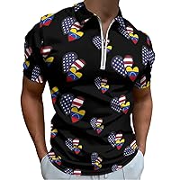 Interlocking Hearts USA Venezuela Flag Slim Fit Polo Shirts for Men Half Zip-up Short Sleeve Tops T-Shirt Casual Golf Tees