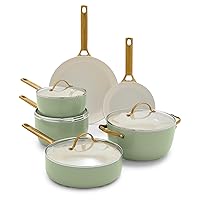 GreenPan Reserve Hard Anodized Healthy Ceramic Nonstick 10 Piece Cookware Pots and Pans Set, Gold Handle, PFAS-Free, Dishwasher Safe, Oven Safe, Sage