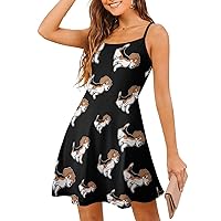 Funny Beagle Dog Women Sling Dress Sleeveless Strap Swing Sundress Printed Mini Dress
