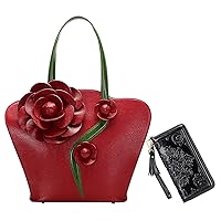 PIJUSHI Designer Floral Leather Tote Purses Shoulder Bag for Women Top Handle Satchel Handbag Bundle with Women Wristlet Wallet Card Holder Purse