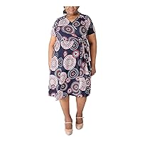 Womens Blue Stretch Ruched D-Ring at Side Waist Printed Short Sleeve Surplice Neckline Midi Wear to Work Faux Wrap Dress Plus 2X
