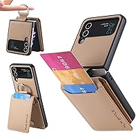 Leather Wallet Stand Phone Case with Ring for Samsung Galaxy Z Flip 4/3 / 2/1, Double Layer Card Holder Business Back Cover, Lychee Pattern Bracket Shell(Tan,Z Flip 4)