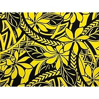 Yellow Tribal with Tiare Flowers Poly Cotton Hawaiian Print Fabric Sold by The Yard