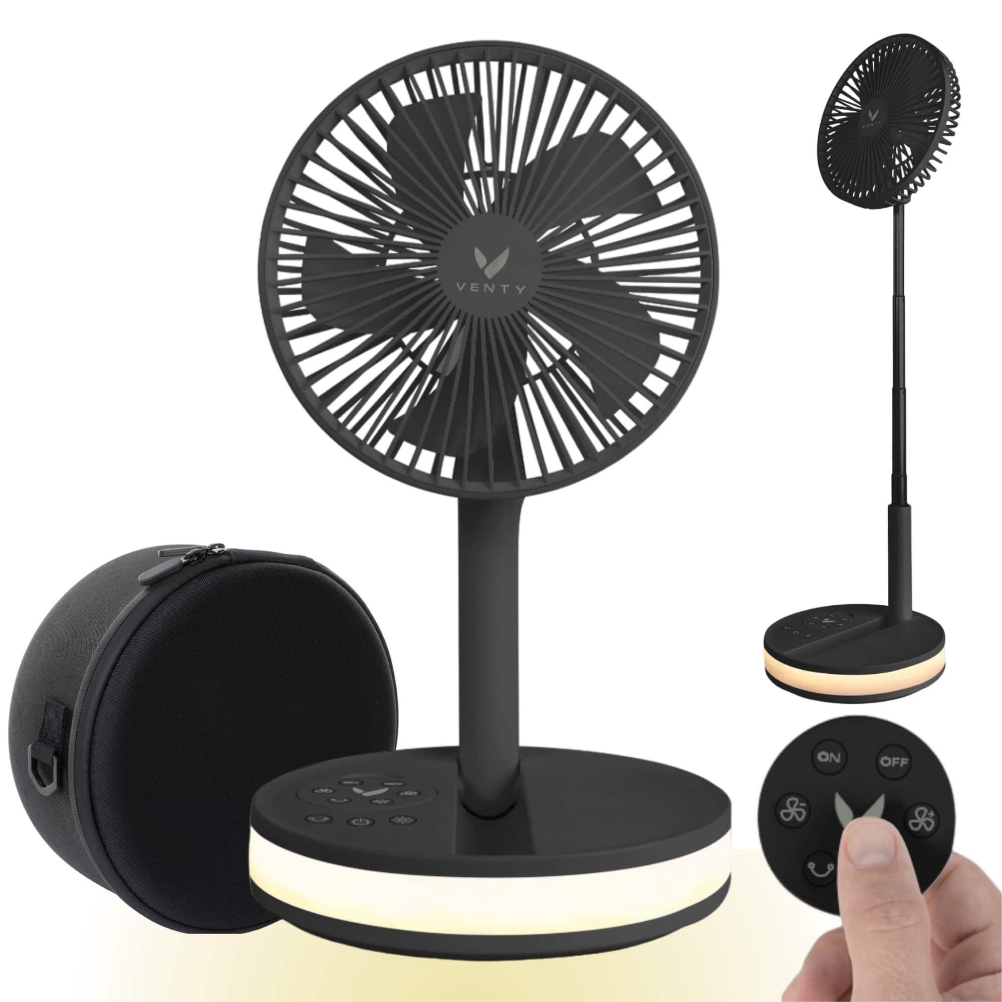 VENTY Portable Fan - Wireless Battery Operated Fan, 48HR Run Time 16000MAH Oscillating Rechargeable Fan, Remote Control & LED Lighting, Folding Telescopic Camping Fan (Black with Case)