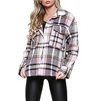 Womens Button Down Check Fleece Shacket Top Ladies Casual Front Pocket Shirt Top