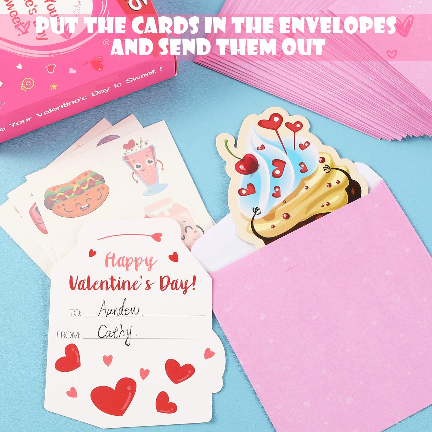 AOJOYS Valentines Day Cards for Kids, 36 Pack Kids Valentines Day Cards with Cute Temporary Tattoos, Pink Envelopes & 80PCS Stickers, Valentines Cards for Classroom Exchange