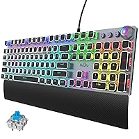 Retro Mechanical Gaming Keyboard with Blue Switches, Audible Click Sound, Control Knob for Multi-Media, Removable Wrist Rest