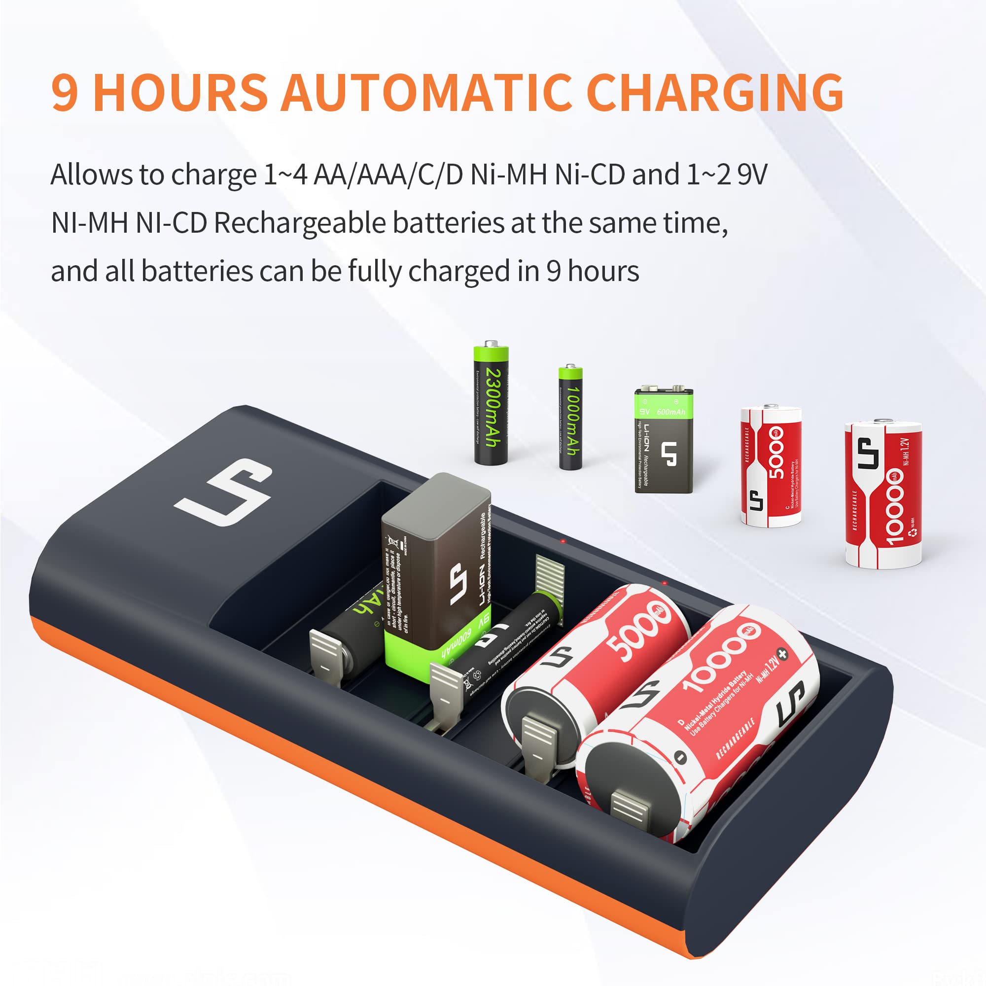 LP Universal Battery Charger LED Display for Rechargeable Batteries NI-MH NI-CD AA AAA C D 9V Li-ion, Smart Battery Charger with AC Adapter Fast Charging for 1.2V NI-MH NI-CD Batteries