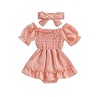 Infant Baby Girls Romper Dress Dot Pattern Short Sleeve Ruched Jumpsuits Skirts Hem Bodysuits Headband