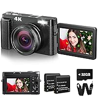 4K Digital Camera for Photography with 32GB Card Autofocus 48MP Vlogging Camera for YouTube with Flash Anti-Shake 16x Zoom 3 180 Flip Screen Compact Travel Camera for Teens Adults