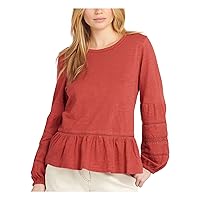 Barbour Womens Red Jersey Ruffled Eyelet Elastic-Cuffs Blouson Sleeve Scoop Neck Top 10