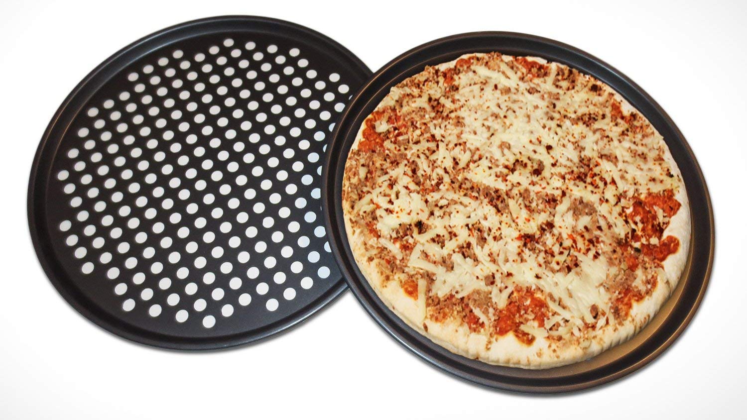 Destinymd Pizza Pan With Holes, 2 Pack Carbon Steel Perforated Non-Stick Tray Tool Crispy 12inch Round for Home Kitchen, Dark Gray