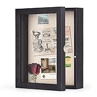 SZQINJI 8x10 Shadow Box Frame Memory Box Flower Shadow Box Display Case with Linen Back Glass Magnetic Door for Memorabilia Awards Medals Photos Rustic Black Wall and Tabletop