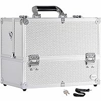 Joligrace Extra Large Makeup Train Case 6 Tray Make Up Artists Organizer Box Lockable Cosmetic Jewelry Toiletries Carrier Crafters Tool Cases with Adjustable Dividers & Shoulder Strap - Silver