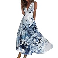 Womans Summer Dresses Flowy Dresses for Women, 2024 Spring Summer Print Sexy Deep V Neck Swing Dresses, Beach Vacation Tunic Dresses Blue Large