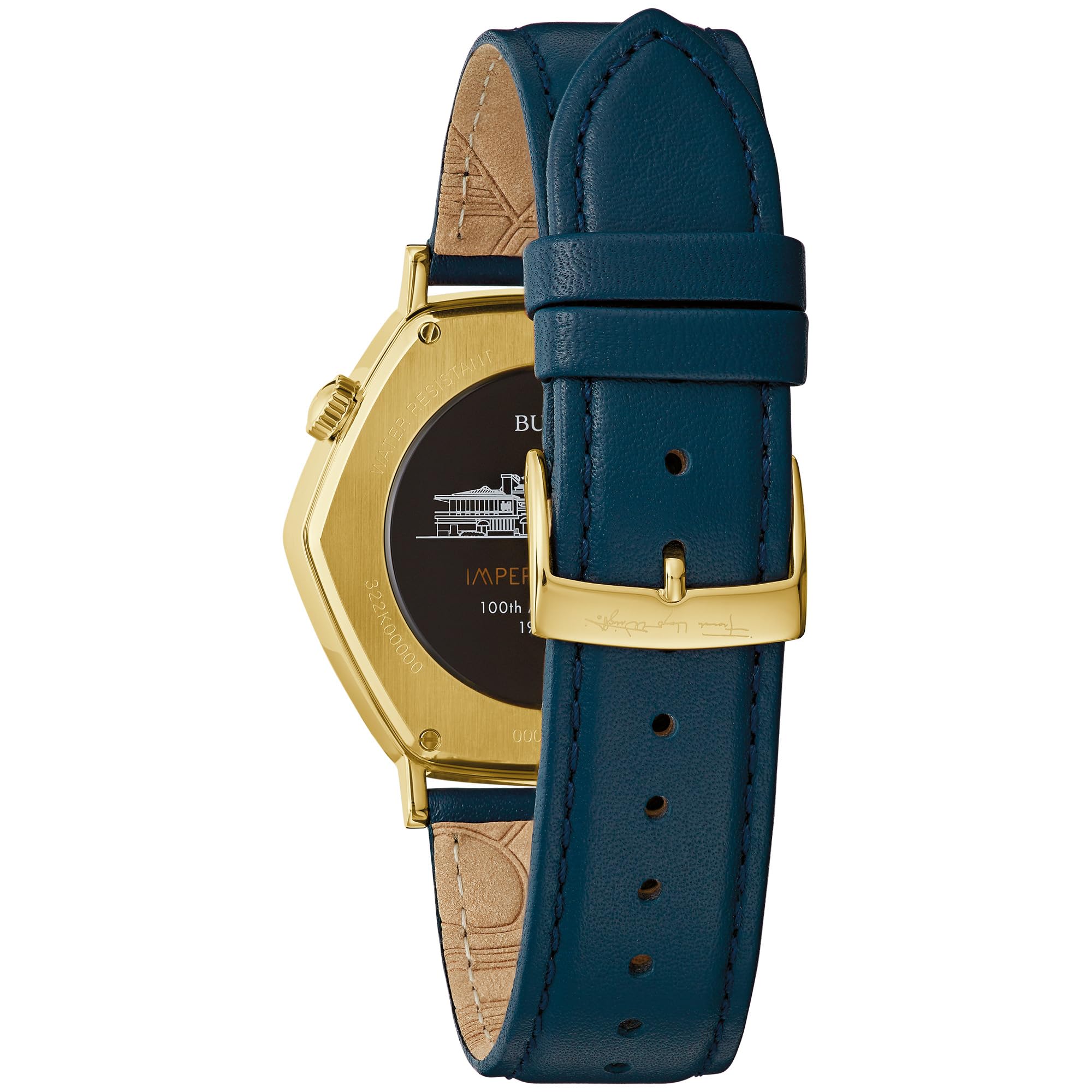 Bulova Men's Frank Lloyd Wright Limited Edition 'Imperial Hotel' Gold Stainless Steel 3 Hand Watch, Blue Leather Strap, and Mosaic Multi-Colored Dial (Model:97A177)