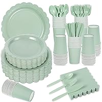 350 Pcs Sage Green Plates and Napkins, 50 Guest Sage Green Party Supplies Include Sage Green Scalloped Plates Napkins Cup Plastic Spoon Fork Knive for Bridal Shower, Baby Shower, Wedding