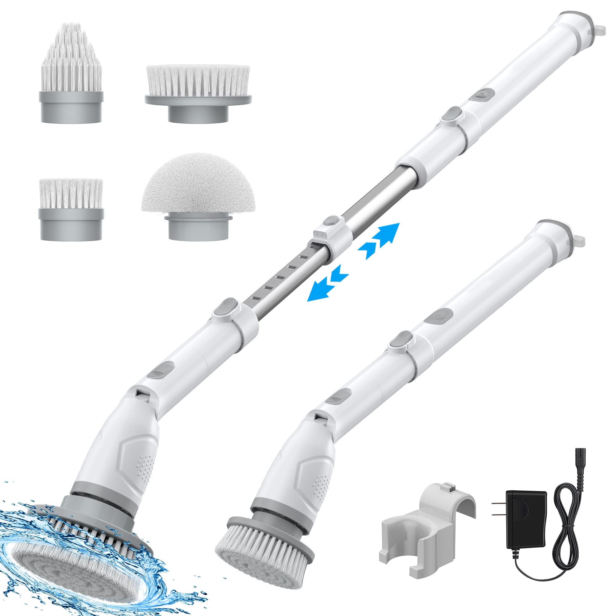 Voweek Electric Spin Scrubber, Power Scrubber with 4 Replaceable Brush Heads and Adjustable Extension Arm, Cordless Household Cleaning Brush for Bathroom Tub Tile Floor