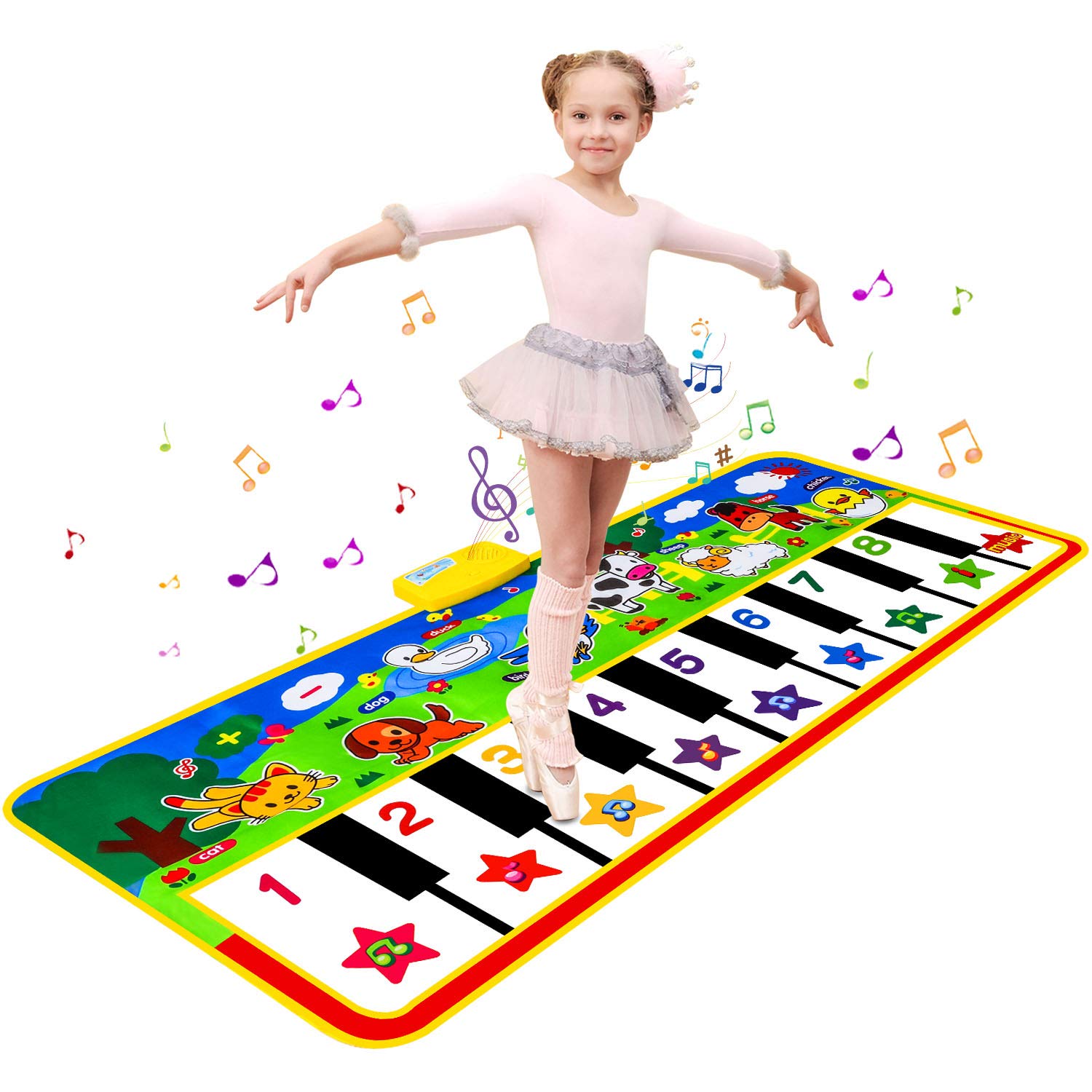M SANMERSEN Piano Mat, 53'' x 23'' Musical Toys for Toddlers Floor Piano Touch Playmat with 8 Animal Sounds, Music Piano Keyboard Dance Mat Early Educational Toys Gift for Boys Girls Kids Ages 1-5