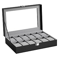 SONGMICS Watch Box, 12-Slot Watch Case with Large Glass Lid, Removable Watch Pillows, Watch Box Organizer, Gift for Loved Ones, Black Synthetic Leather, Gray Lining UJWB12BK