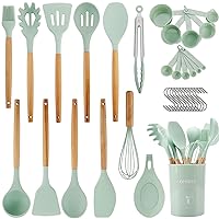 QMVESS Silicone Kitchen Utensils Set, 35 Pcs Non-Stick Cooking Utensils Set, Sturdy Insulation Wooden Handle Kitchen Accessories for Cooking with Spatula Set and Spoons Set Gadgets (Light Green)