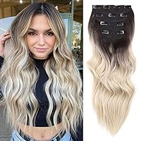 4PCS Clip in Hair Extensions 20Inch Long Wavy Hair Extensions Clip ins Synthetic Thick Hair Piece for Women(Ombre Dark Brown to Platinum Blonde)